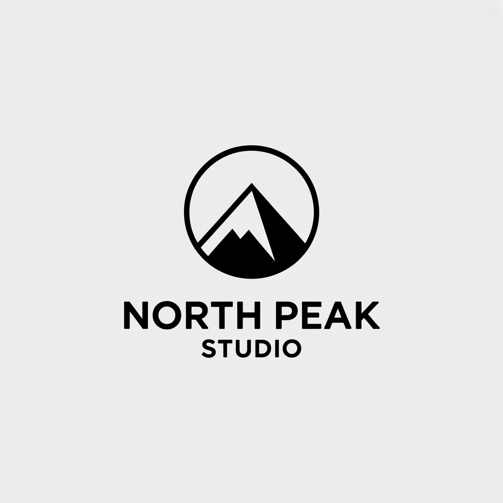 minimal geometric logo, a mountain peak inside a circle, the words NORTH PEAK STUDIO