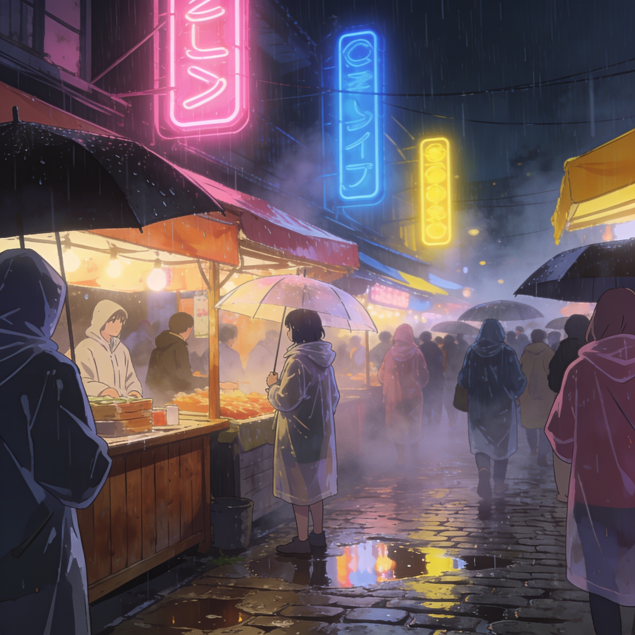 anime illustration of a night market in the rain, neon reflections